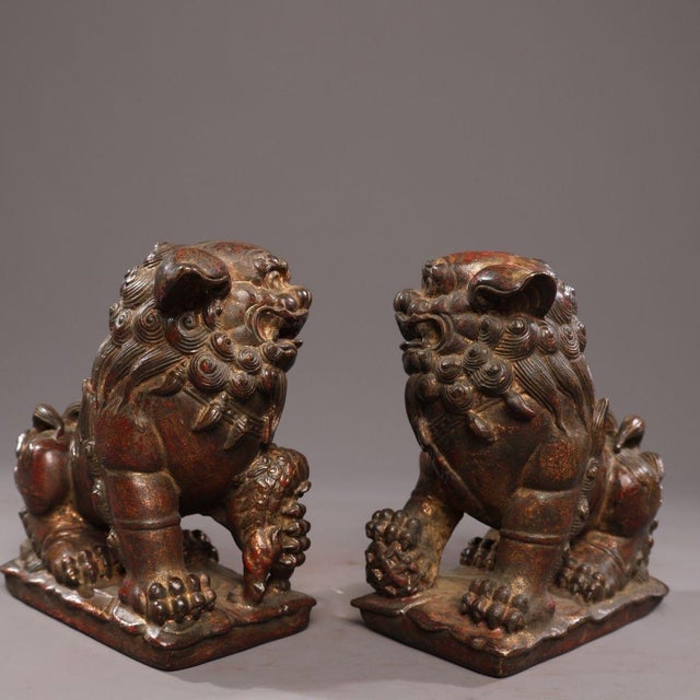 Chinese Pair of Vintage Chinese Bronze Foo Dogs - Mud-Gold & Cinnabar Guardian Lions For Sale - Image 3 of 9