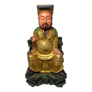 Vintage Chinese Daoist Fuxi Polychrome Gilt Wood Sculpture With Consecration Cavity For Sale
