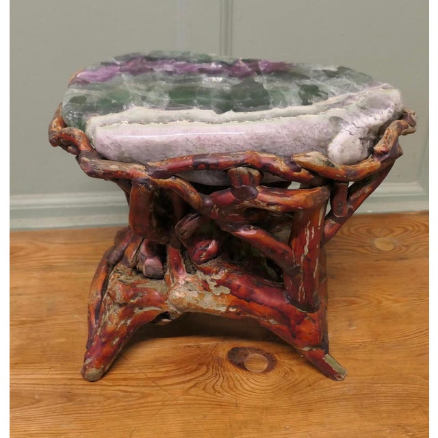 Agate Slab Set on Very Unusual Carved Root Stand This is a natural Agate slab in green and mauve, it is an unusual shape,...