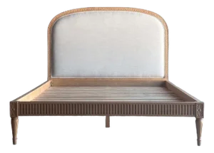 Solid Oak French Carved Queen Size Bed Upholstered in Natural Linen