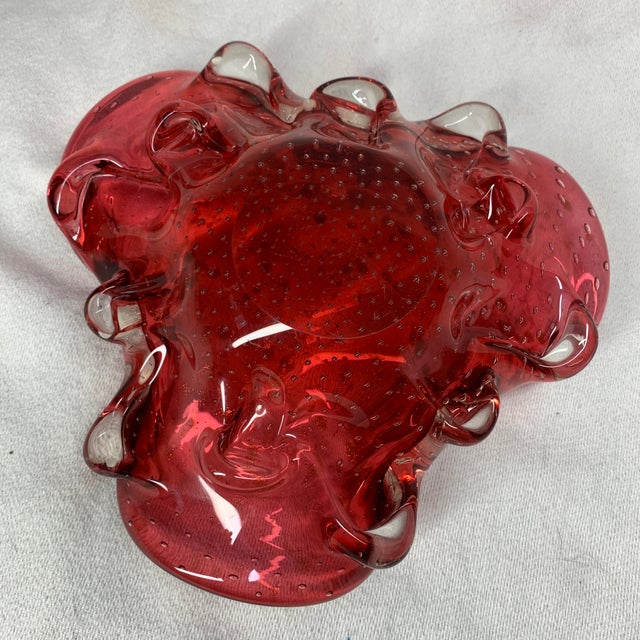 Murano Vintage Mid-Century Italian Hand-Blown Murano Cranberry Red Art Glass Bowl For Sale - Image 4 of 4