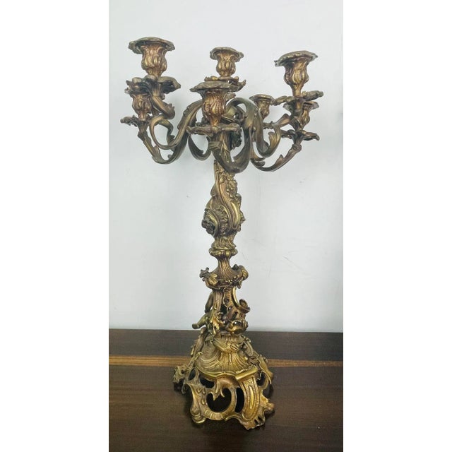 French Pair of Louis XVI Style Gilt Bronze Candelabra, Cherub Florentine Form For Sale - Image 3 of 13
