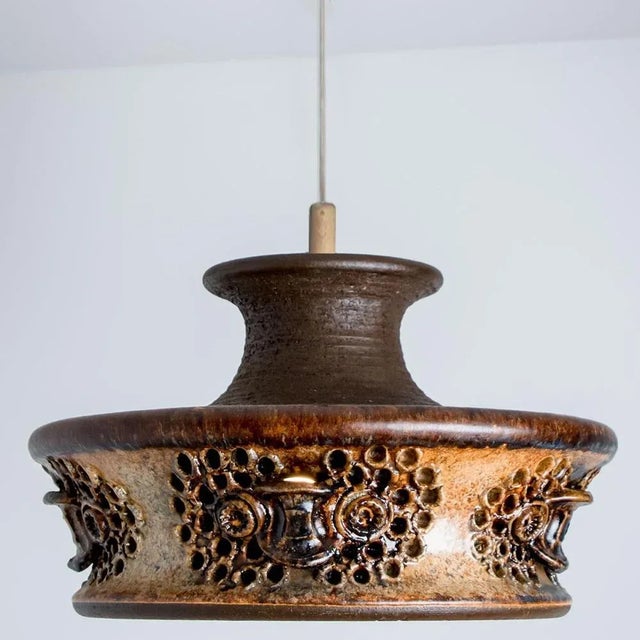 Flat Brown Beige Ceramic Pendant Light, Denmark, 1970s For Sale - Image 3 of 13