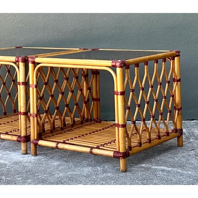 Vintage Trellis Rattan and Glass Side Tables - Pair For Sale - Image 10 of 12