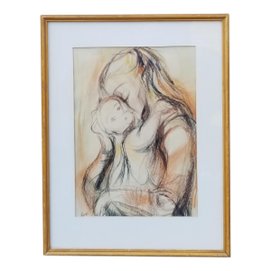 Vintage Original Aya Yamakoshi Sketch Artwork of Mother and Child