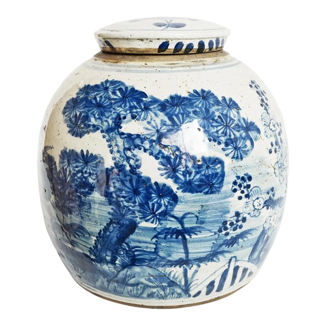 Vintage Painted Blue & White Ceramic Urn For Sale