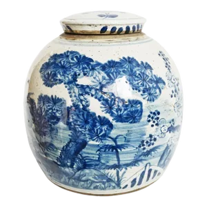 Vintage Painted Blue & White Ceramic Urn
