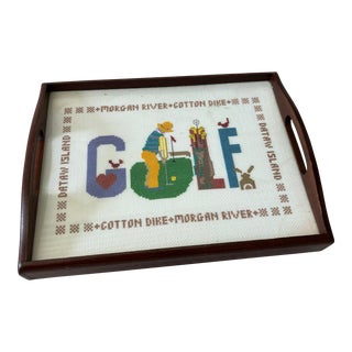 Vintage Golf Needlepoint Tray For Sale
