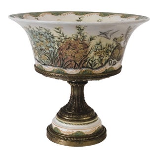 Vintage Porcelain & Bronze Crackled Glaze Pedestal Centerpiece Bowl For Sale