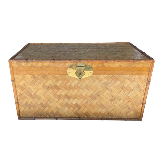 1970's Bamboo & Woven Wicker Herringbone Design Trunk For Sale