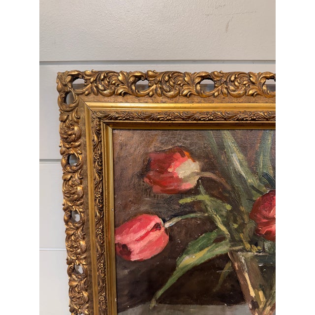 19th Century 20th Century Oil on Board "Red Tulips in Vase" For Sale - Image 5 of 8