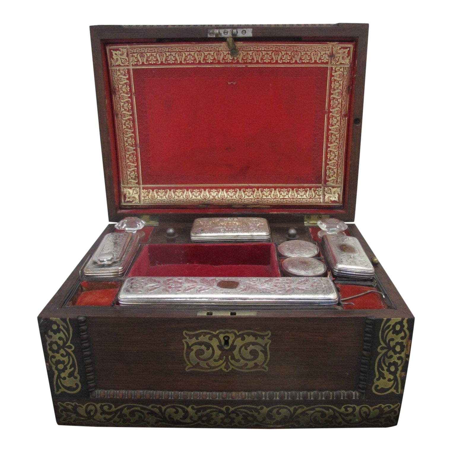 Antique Wood Vanity Jewelry Box Glass with Sterling Silver Jars & Key