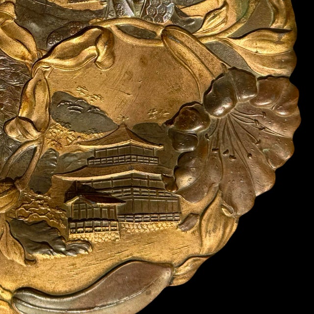 Late 19th Century Antique Japanese Meiji Period Mixed-Metal Floral Relief Wall Plaque W/ Geisha & Crane For Sale - Image 5 of 9