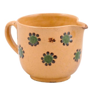19th Century Rustic French Peach Glazed Pitcher with Green & Chocolate Décor For Sale