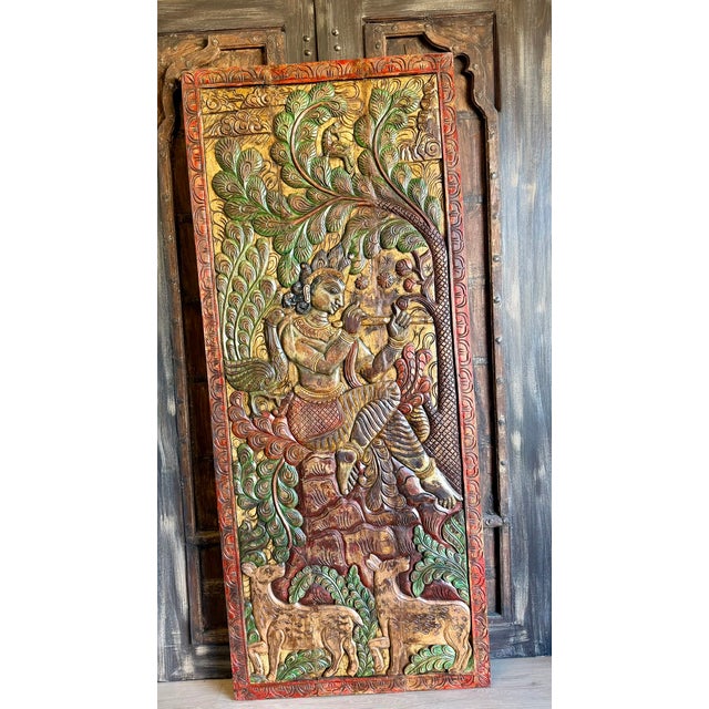 Wood Fluting Krishna With Deer – Vintage Carved Wood Wall Art From Colorful Indian Door 83x36 For Sale - Image 7 of 7
