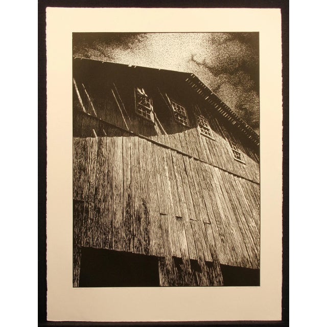 Realistic and stark original limited edition relief etching of an old barn by Malcolm Childers. Pencil signed, titled,...