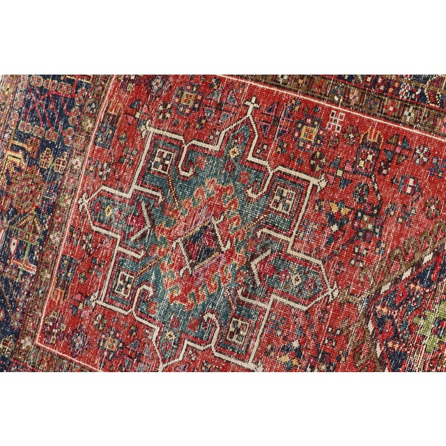 Antique Hand Knotted Geometric Persian Long Heriz Runner in Red, Blue and Teal 3'4 X 14'4 For Sale - Image 14 of 14