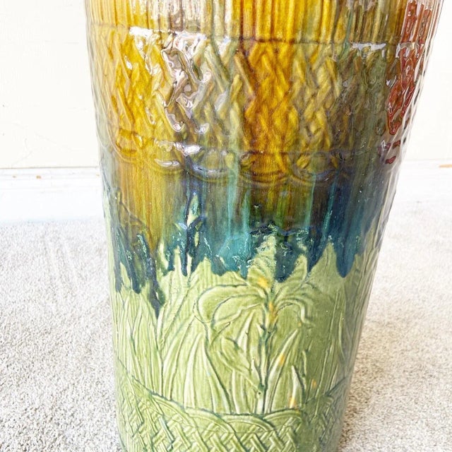 Boho Chic Green & Orange Floral Glazed Clay Floor Vase For Sale - Image 4 of 10