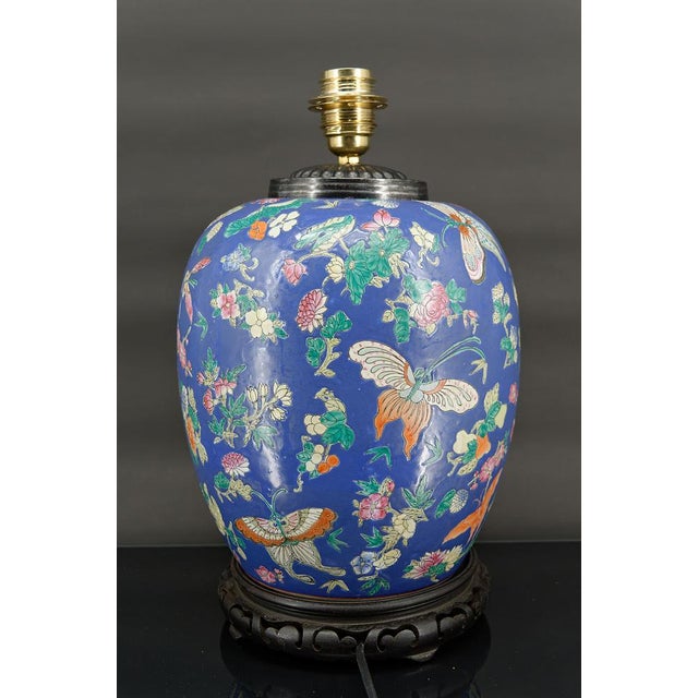Antique Chinese Blue Ceramic Lamp with Butterflies, 1865 For Sale - Image 3 of 18