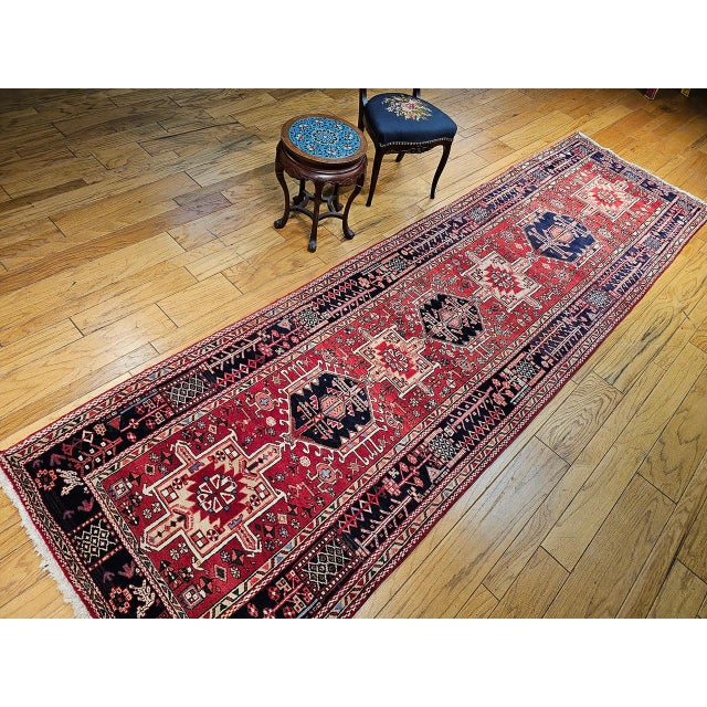 Textile Antique Persian Heriz Karajeh Runner, Hand-Knotted Wool, Geometric Medallion Pattern, Red & Navy, 4x14 For Sale - Image 7 of 18
