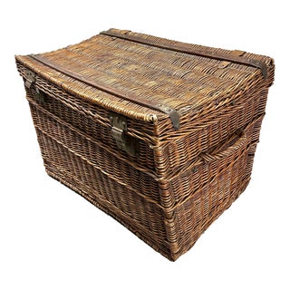 Early 1900s French Woven Wicker Travel Trunk With Antique Brass Hardware For Sale