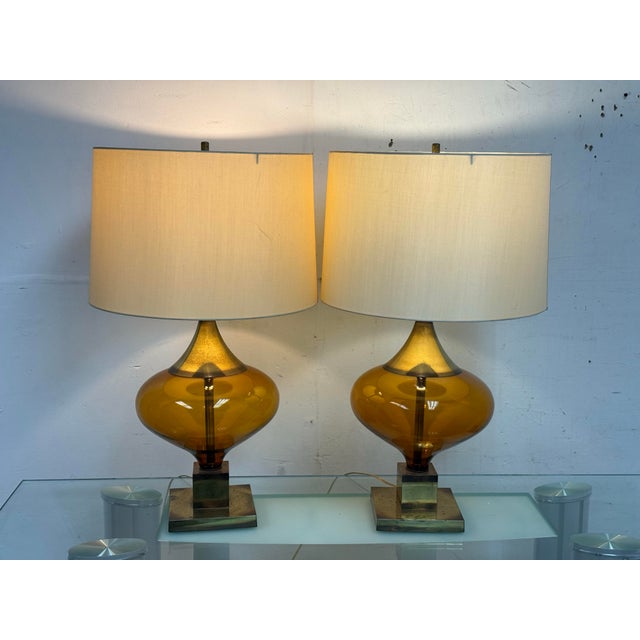 Late 20th Century Italian Murano Inspired Amber Glass Table Lamps, Pair For Sale - Image 9 of 12