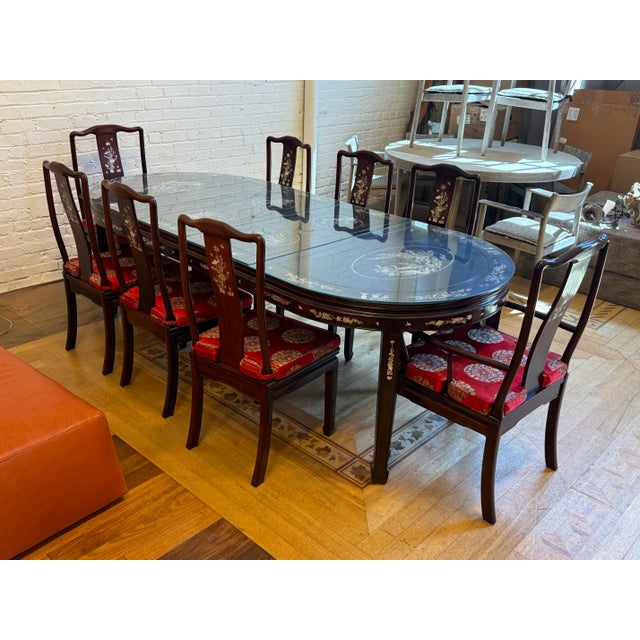 Late 20th Century Vintage Qing Style Rosewood Dining Table + Chairs With Mother of Pearl Inlays, Set For Sale - Image 5 of 12