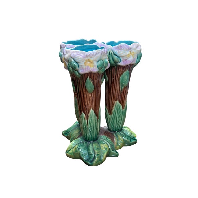 Rustic European Rare Antique Majolica Pottery Triple Flower Vase For Sale - Image 3 of 5
