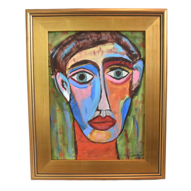 2020s Bold Picasso Style Man Portrait Painting Including the Antiqued Gold Wood Frame For Sale - Image 5 of 5