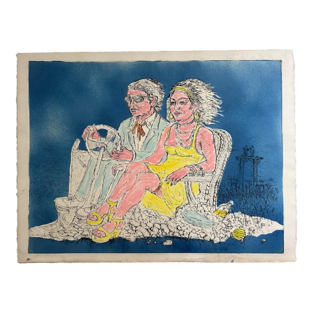 Large Vintage Original Hand Colored Etching of a Man and Woman in Car For Sale