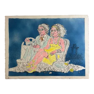 Large Vintage Original Hand Colored Etching of a Man and Woman in Car