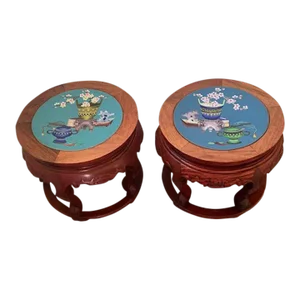 Early 20th Century Chinese Hung Mu Wood and Cloisonné Drum Stool Stands - a Pair