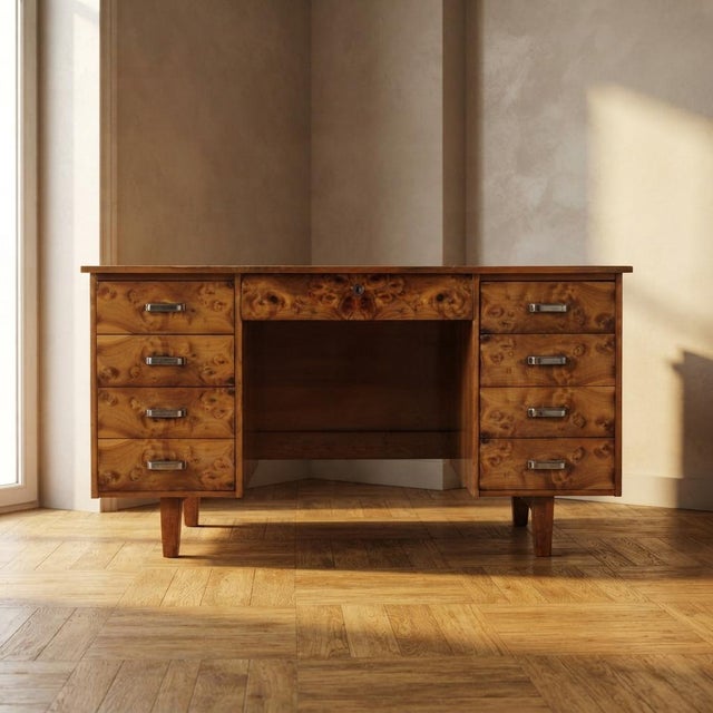 Mid-Century Modern Writing Desk in Burl Veneer with Eight Drawers For Sale - Image 16 of 16