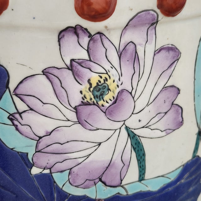 Vintage Mid-20th Century Chinese Famille Rose Lotus Garden Stools - A Pair For Sale - Image 9 of 13