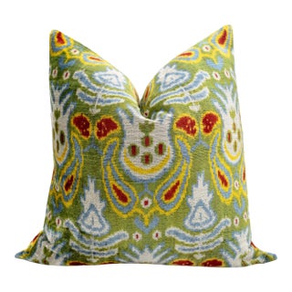 Handmade Velvet Throw Pillow With Multicolor Ikat Design & Premium Down Feather Insert For Sale