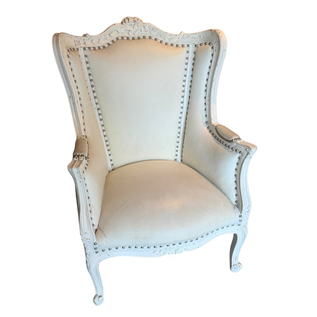 French Antique Louis XV Style White Leather Bergere Chair - 1 of 2 For Sale - Image 3 of 4