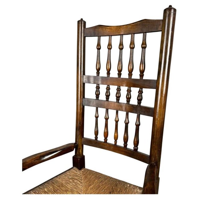 Antique Oak Spindle Back Rocking Chair with Rush Seat, 1900s For Sale - Image 4 of 11