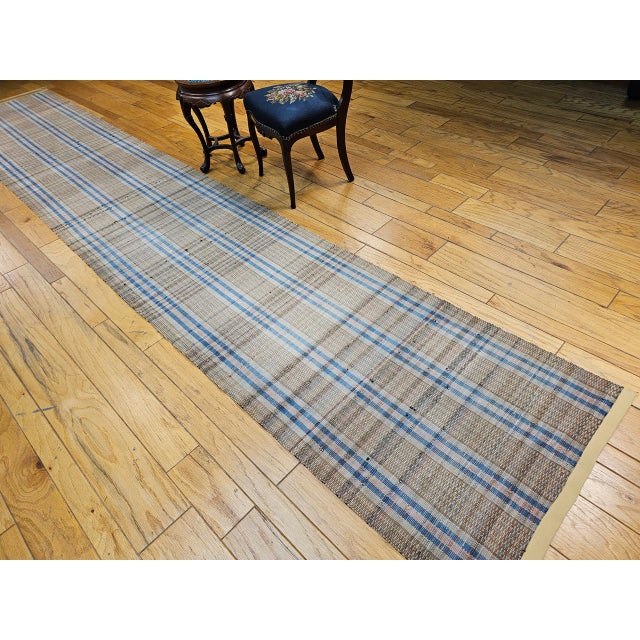 Vintage American Rag Runner, Handwoven Wool & Cotton, Stripe Pattern, Tan & Blue, 3x16 For Sale - Image 4 of 15