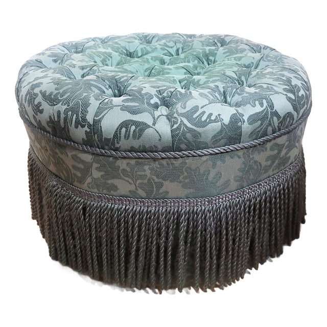 Vintage Upholstered American Modern Round Tufted Bench Poof Ottoman For Sale