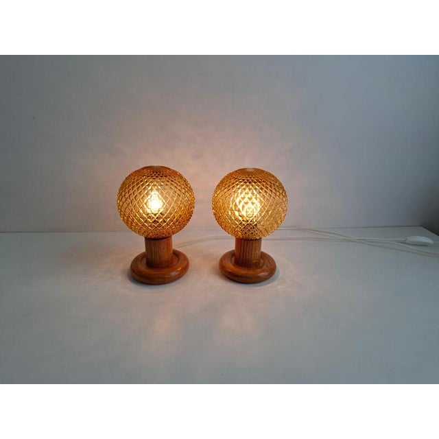 Mid-Century Modern Table Lamps with Amber Glass and Wood Base, Czechoslovakia, 1980, Set of 2 For Sale - Image 6 of 17