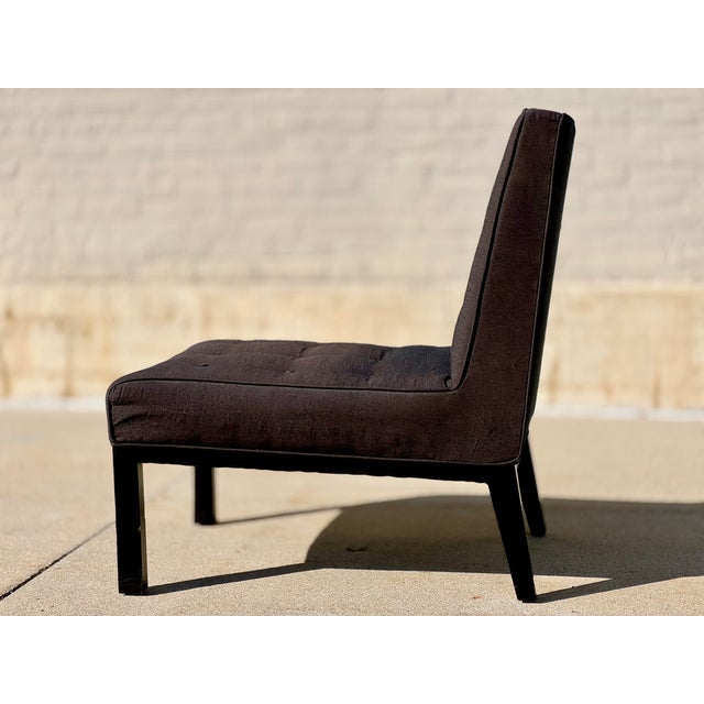 1960s Ed Wormley designed slipper chair for Dunbar Furniture. The upholstery appears to be original linen in a dark gray...