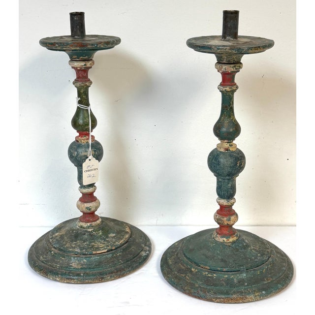Pair Tuscan Polychrome Wooden Altar Candlesticks, Worn Patina, 18th / 19th C. For Sale - Image 10 of 17
