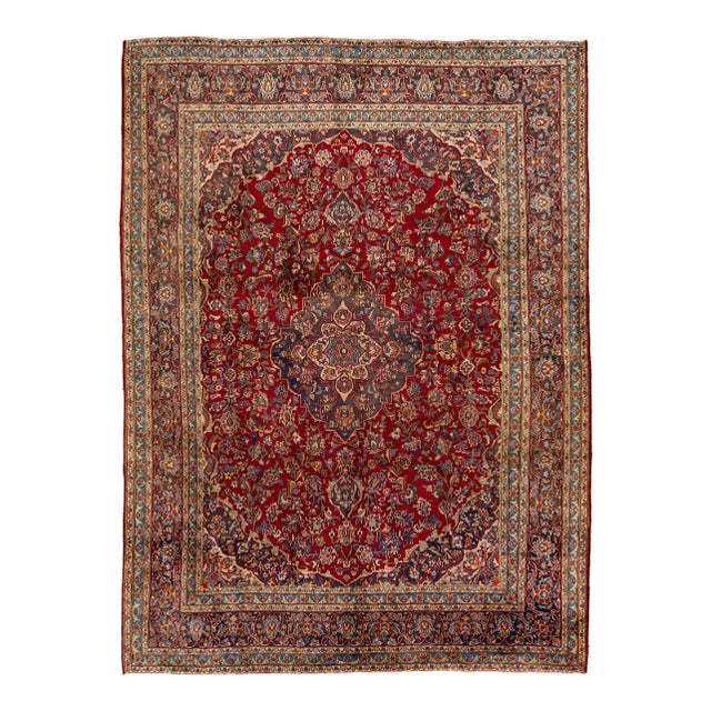 Red Persian Kashan Wool Rug HadnamdeWith Medallion Motif For Sale