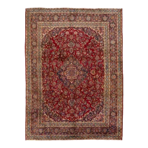 Red Persian Kashan Wool Rug HadnamdeWith Medallion Motif