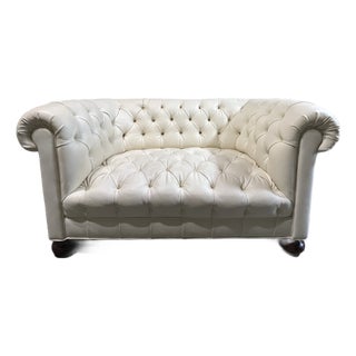 Vintage English Chesterfield Tufted Ivory Leatherette Loveseat Settee For Sale