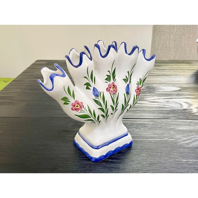 1970s Vintage Portuguese Floral Ceramic Tulipiere Vase For Sale - Image 5 of 8