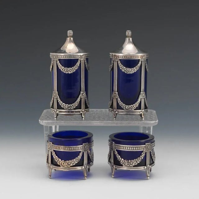 Sterling Silver and Cobalt Blue Glass Set of Two Salt/Pepper Shakers and Two Individual Salts Consisting of: Pair of...