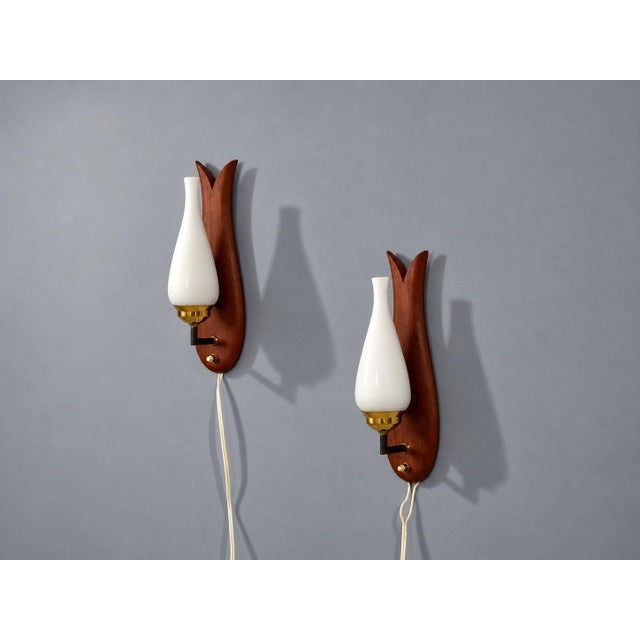 1960s 1960s Danish Modern, Wall Lights or Sconces, Teak, Brass, Opal Glass For Sale - Image 5 of 10