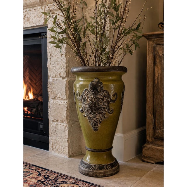 Vintage Olive Green Glazed Heavy Clay Floor Urn Vase With Raised Baroque Medallions – 15”h For Sale - Image 4 of 7