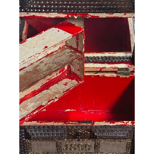 Brown Antique ‘1899’ Tramp Art Box With Brass Detailing/Folk Art For Sale - Image 8 of 12